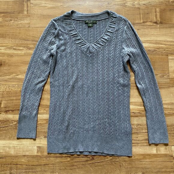 EDDIE BAUER M Y2K Gray Cable Knit V-Neck Long-Sleeve Sweater Bella Swan Preppy - Picture 9 of 16